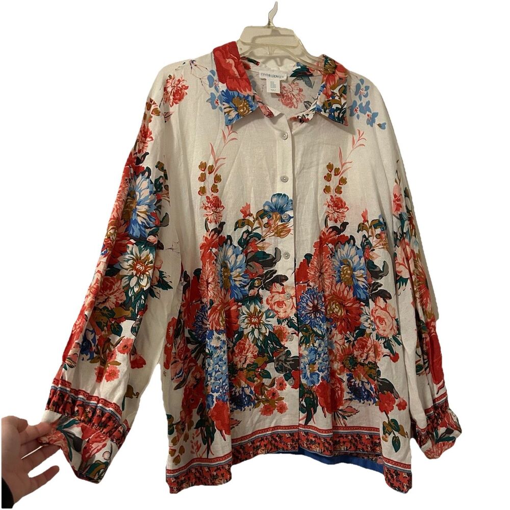 Cynthia Rowley Button Up Top Floral 100% Linen Colorful Plus - Size 2X